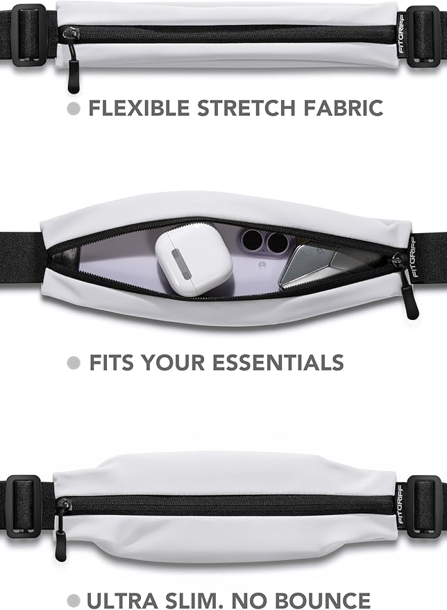 Fitgriff® Running Belt V2 for Men & Women - Slim Fanny Pack, Phone Holder for Jogging, (Fits All Cell Phones) - Money Belt, Runners Waist Pouch (White, One Size (Waist 24.4 – 43.3 inches)) - Image 2