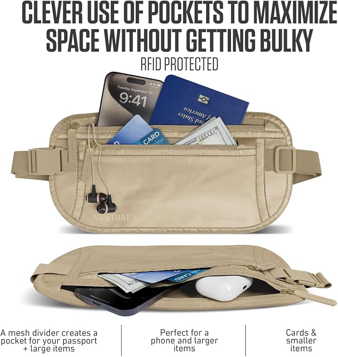 VENTURE 4TH Travel Money Belt, RFID Blocking Passport Holder - Sleek Beige - Image 2