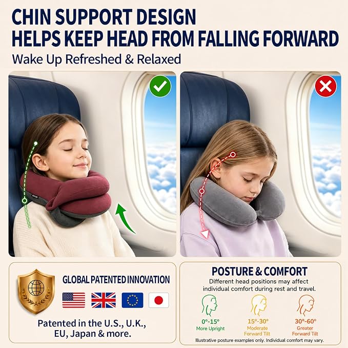 Kids Travel Pillows for Airplane, Memory Foam 360° Head Support Sleeping Essentials for Long Flight, Skin-Friendly Soft Neck Pillow for Traveling in Car Seat, (Small, Red Grey, 40-90 lbs) - Image 3