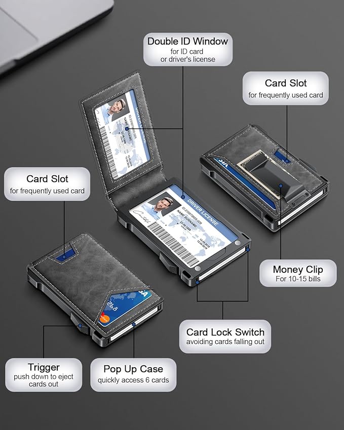 Wallet for Men RFID Wallet with 2 ID Windows & Money Clip, Slim Pop Up Card Holder for 10-12 Cards, Bifold Minimalist Smart Wallet for Front Pocket, Compact Metal Credit Card Holder, Gifts for Men - Image 6