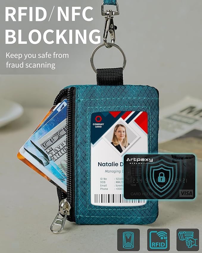 Artpaxy Minimalist Wallet For Mens Womens, Keychain RFID Blocking Zipper Small Wallet with ID Window 2 Lanyards,Water Resistant Travel Cash Card Coin Case Boys Girls - Image 6