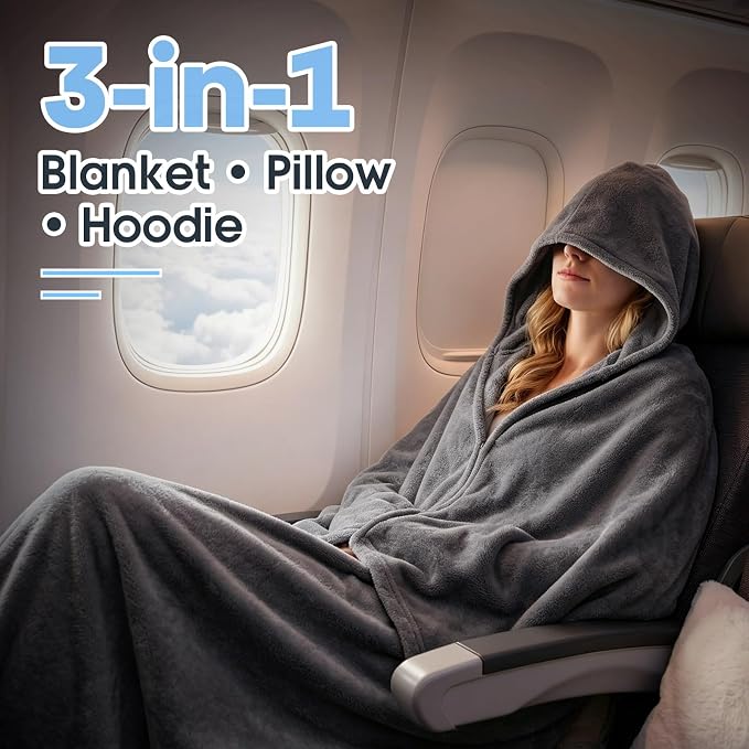 Hooded Wearable Fleece Travel Blanket Airplane with Snap Closure, Foldable Travel Pillow, Compact Carry Carabiner Strap, Soft 60''x50'' Fleece Blanket for Plane Office Gift(Grey) - Image 2