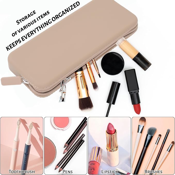 Travel Makeup Brush Holder, Silicone Makeup Brush Bag with Zipper Closure, Makeup Brushes Organizer Case Washable Makeup Pouch Holder Case for Daily, Work, Essentials（Khaki） - Image 2