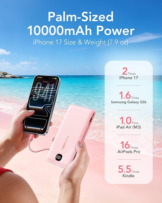 Portable Charger Power Bank Built in Cables and Wall Plug, 10000mAh iPhone Battery Pack Fast Charging, USB C External Slim Power Bank, Travel Essentials Compatible with iPhone 16 15 14 13 iPad, Pink - Image 4