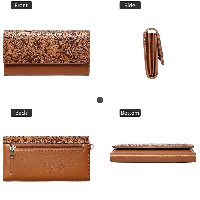 GOIACII Wristlet Wallets for Women RFID Blocking Western Clutch Brown | Embossed Leather, Vintage Design, Trifold, Large Billfolds, Ladies Purses with Zipper Coin Pocket - Image 8