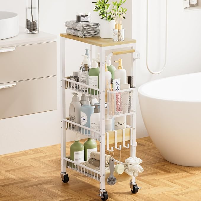 DTUQYX Slim Bathroom Storage Cart, 4 Tier Small Rolling Organizer Cabinet with Wood Top Handle, Mobile Shelving Unit Slide Out for Office, Kitchen, Laundry Room & Narrow Places (9.1" W Wood Basket) by DTUQYX