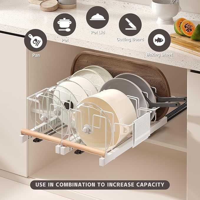 Magheo Pull Out Pots and Pans Organizer Under Cabinet, 22" Deep Expandable Pot Lid Organizer and Storage with 10 Adjustable Dividers Adhesive Pot and Pan Holder Rack with Handle Bracket(1 Pack,White) - Image 2