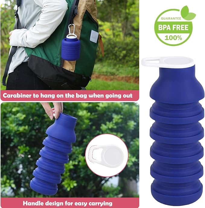 Collapsible Silicone Water Bottle 20oz - Foldable Travel Bottle Leakproof, BPA Free, Space Saving for Gym, Hiking & Travel, Dishwasher Safe(Includes carabiner and cleaning brush),dark blue - Image 7