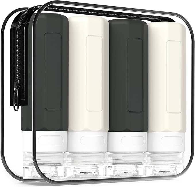 Redfly Travel Bottles for Toiletries, Tsa Approved 3oz Travel Size Containers, Leak Proof Travel Size Toiletries Bottles Silicone, BPA Free Refillable Shampoo Conditioners Essentials Kit, Black&White by Redfly