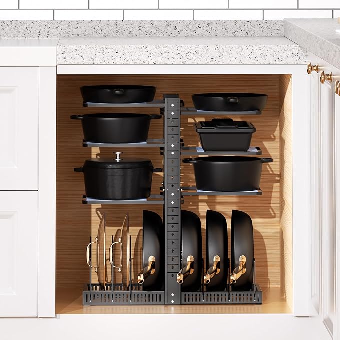 LAMU Pots and Pans Organizer under Cabinet, Adjustable Height Up to 24'', 6 Tier Pot Organizer Rack with 6 Horizontal Dividers, Adjustable Pot and Pan Organizer for Kitchen Storage, Black - Image 9