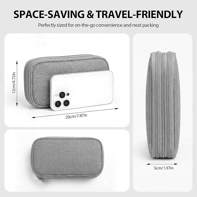 Double Layer Electronics Organizer Tech Pouch for Chargers, Gray | Water-resistant Oxford fabric, 8 compartments for 3ft+ cords and compact 7.87x4.72x1.97in design. Includes 8 cable ties. - Image 2