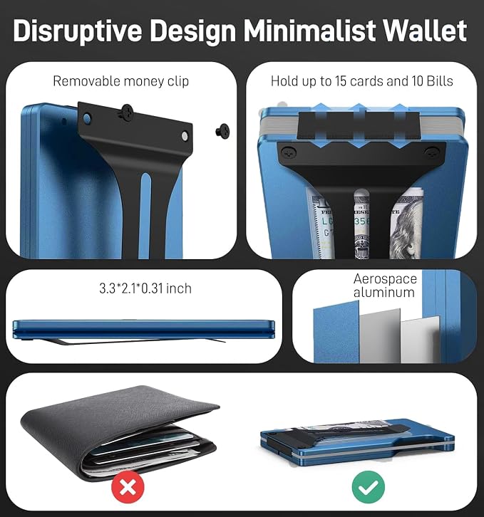 Minimalist Wallet for Men, Slim Metal RFID Blocking Wallet Credit Card Holder Money Clip & Cash Strap, Scratch-Resistant Holds 15 Cards,Ideal Gift for Men | Matt Blue - Image 4