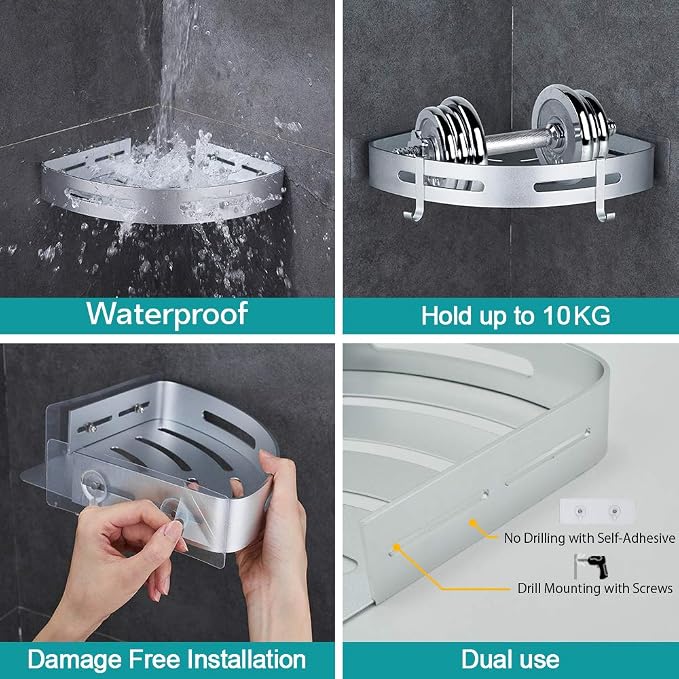 Corner Caddy Bathroom Shower Shelf Wall Mounted No Drilling 2 Tier Storage Shelves Adhesive Triangle Baskets Silver Bathroom Kitchen Storage Basket | Wall Mounted, No Drilling, Adhesive Triangle Bathroom Kitchen Storage Basket - Image 2