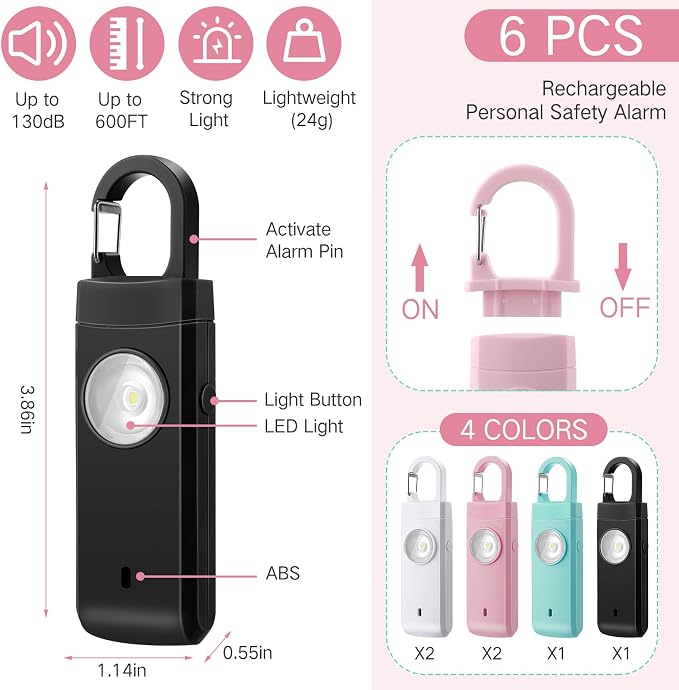 Tellegloww 6 Pcs 130 dB Personal Safety Alarm for Women, Personal Alarm Keychains Loud Siren with LED Strobe Light & Low Battery Notice Rechargeable Self Defense Keychain for Mom(Multicolor,Snap) - Image 2