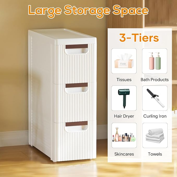3 Drawers Slim Bathroom Storage Cabinet Dresser, Narrow Plastic Rolling Cart Organizer with Drawers, for Small Spaces, Kitchen, Laundry, Office, Bedroom, White - Image 3