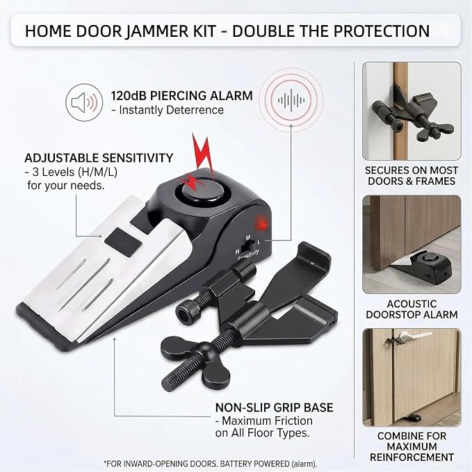 Adjustable Portable Door Lock & Door Stop Alarm Set, 120dB Anti-Theft Security Alarm Door Stoppers, Travel Entry Blocker for Hotel Apartment Dorm Room, No Drill Required, (2 Pack) - Image 2