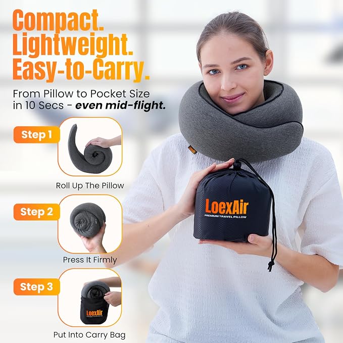 LOEXAIR™ Travel Pillow, Neck Pillow Travel for Airplane, Car - 100% Cotton Fabric & Memory Foam Plane Pillow, Lightweight & Easy-to-Carry on Flight, Full Travel Set (Eye Mask, Earplugs) - Dark Grey - Image 2