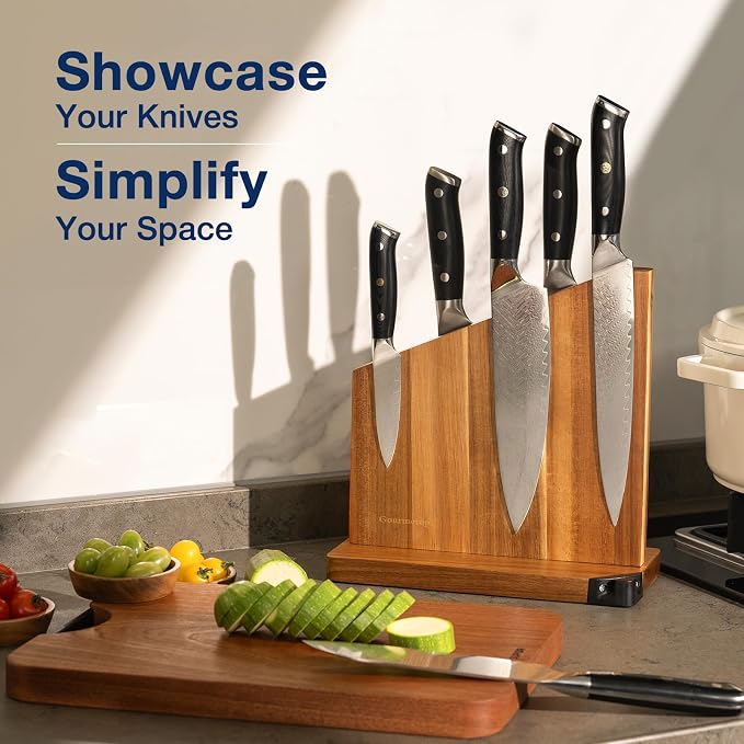 Magnetic Knife Block with Sharpener, Double Sided, Light Acacia | Multi-Row Magnet, Hold 12 Knives as Damascus & Heavy Cleaver, No Slip, Countertop Kitchen Organizer, No Installation, Gift - Image 6