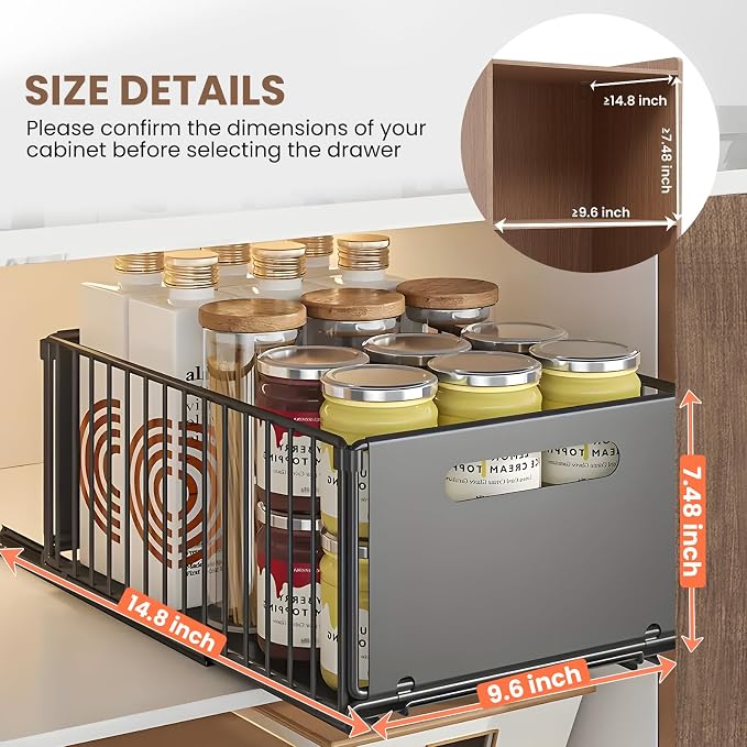 2 Pack Pull Out Cabinet Organizer, Heavy Duty Slide Out Drawer with No Drill Adhesive or Screw Mount, Carbon Steel Roll Out Shelf for Kitchen Cabinet, Pantry & Bathroom Storage - Image 2