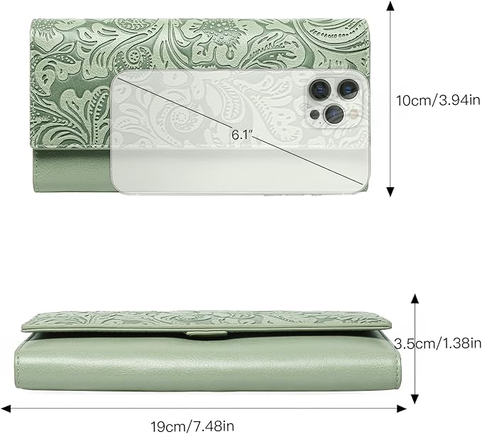 GOIACII Wristlet Wallets for Women RFID Blocking Western Clutch Green | Embossed Leather, Vintage Design, Trifold, Large Billfolds, Ladies Purses with Zipper Coin Pocket - Image 6