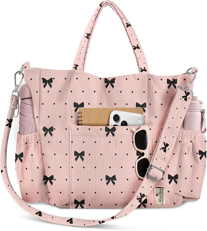 Miss Adola Corduroy Crossbody Tote Bag for Women | Multi Pocket Storage, Zipper Closure, Adjustable Strap, Fits 14 Inch Laptop, Foldable Reusable, for Work Travel Everyday by MissAdola