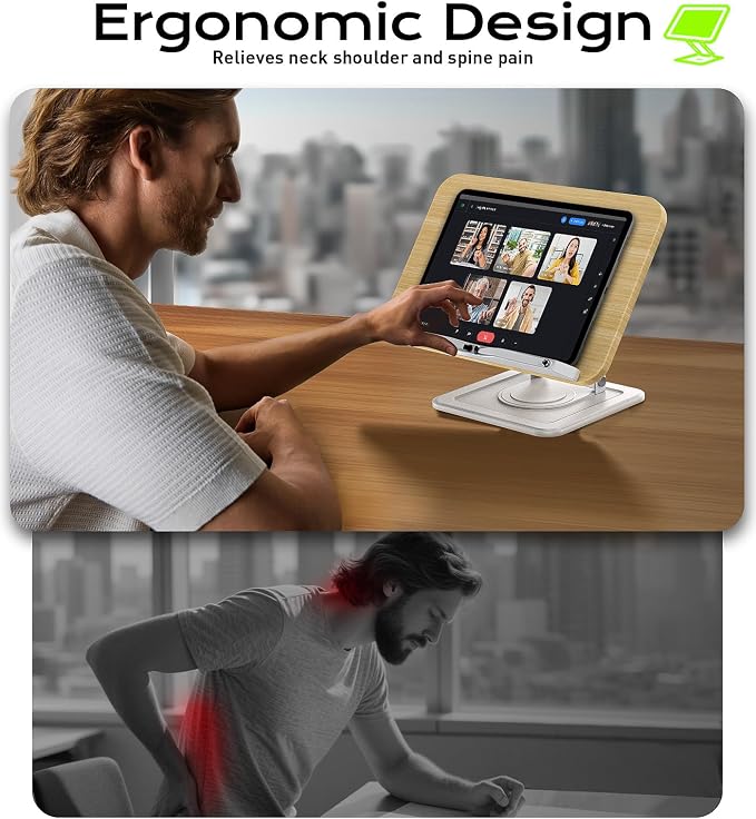 LOXP Ergonomic Book Stand for Reading, 360° Rotating Holder with Page Clip | Adjustable height angle, Hands-free, anti-slip base, Fits tablets cookbooks magazines laptops, wood and metal, White - Image 2