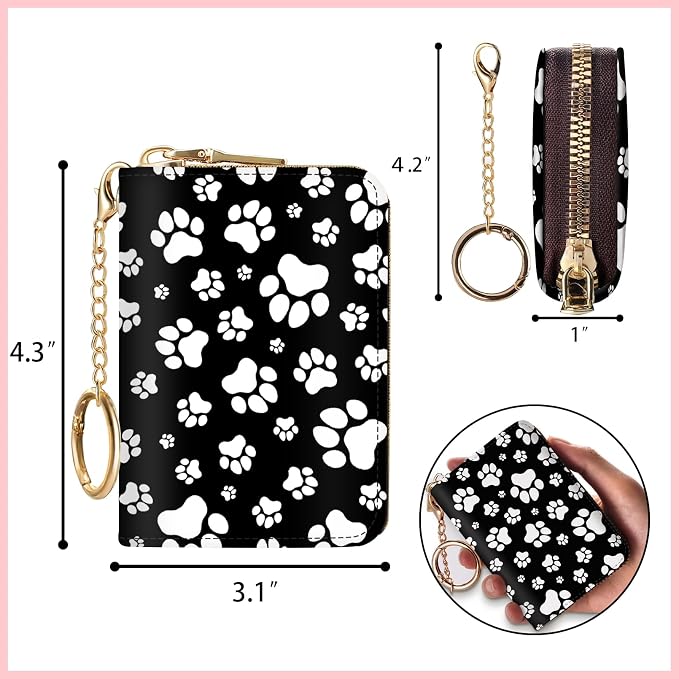 Blusabaca RFID Credit Card Holder Small Women Travel Wallet, Black Dog Paw | Removable Keychain, Case with Zipper, Vegan PU Leather, Cash Coin Pocket, Business Accordion Purse, Ladies Female Gift - Image 6