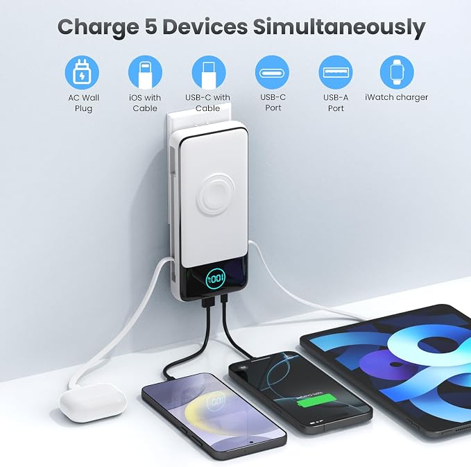 Portable Charger for iPhone with Built-in Cables and AC Wall Plug,26800mah Fast Charging USB C Power Bank,25W PD Travel Essential Battery Pack for iPhone 17/16/15/14/13,Galaxy,Apple Watch (White) - Image 4
