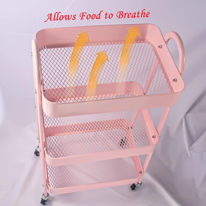 Utility Cart, 3-Tier Rolling Slim Storage Cart with Wheels, Metal, Pink - Image 7