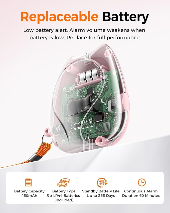 ESSAGER Personal Safety Alarm for Women, 130dB Loud Siren, Replaceable Battery, Built-in LED Light, Portable Keychain & Carabiner. Self Defense Security Alarm for Kids, Seniors(Pink) - Image 7