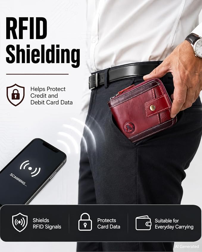 Men's Leather RFID Wallet with Zipper, 14 Card Slots, ID Window | Zippered coin pocket separates loose change; organized for commuting and everyday carry (Red) - Image 2