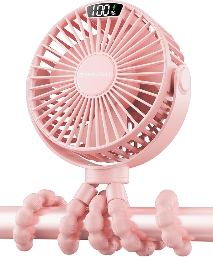 SWEETFULL Portable Stroller Fan with LED Display, 4 Speed Rechargeable Mini Clip On Fan, 360° Rotate Flexible Tripod Better Cooling Small Baby Fan for Car Seat Crib Travel Bike Treadmill (Pink) by SWEETFULL