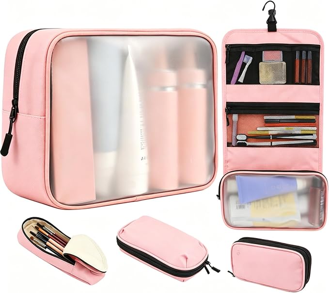 5-Piece Travel Toiletry Bag for Women, Organize Toiletries and Cosmetics | Personal Travel Essentials, with Hanging Toiletry Bag, Clear Cosmetic Bag, Makeup Bag, Jewelry Case & Cable Pouch - Pink by Idcymoul