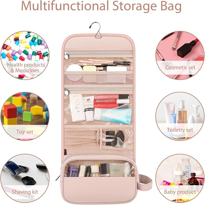 FINTIE Portable Toiletry Cosmetic Travel Bag Hanging Makeup Organizer | Large Water Resistant Storage Pouch Case, For Women Girls, Pink - Image 4