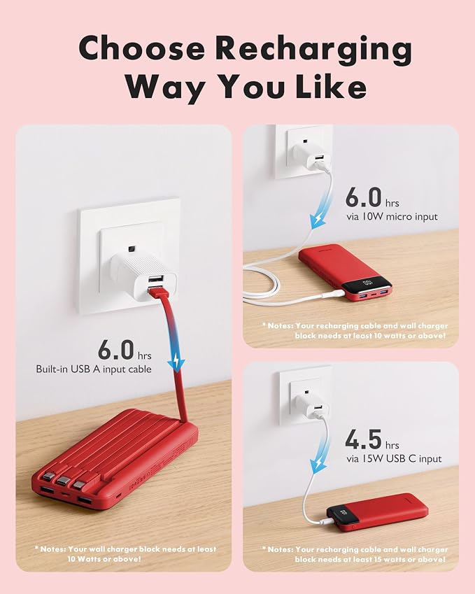 charmast Portable Charger with Built-in Cables X 4, Portable Phone Charger | 10000mAh USB C Battery Pack for All Phones Tablets,Cables Reinforced,Charge 6 Devices at Once,for Women Teens Students - Image 4
