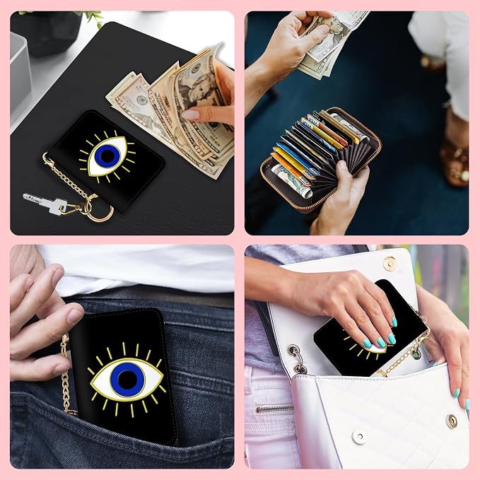 Blusabaca RFID Credit Card Holder Small Women Travel Wallet, Evil Eye | Removable Keychain, Case with Zipper, Vegan PU Leather, Cash Coin Pocket, Business Accordion Purse, Ladies Female Gift - Image 3