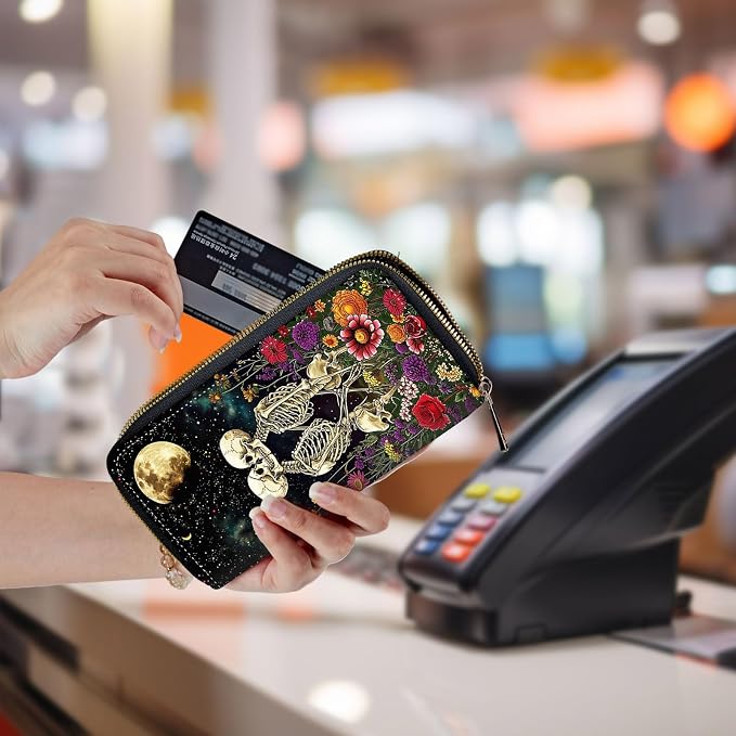 Wallet,Leather Long Wallet Suitable For Ladies And Teenagers - Detachable Wristband + RFID Travel Wallet With Card Slot - Skeleton Floral - Image 5