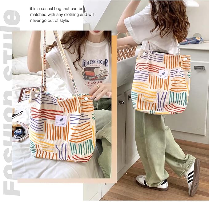 LHMTQVK Corduroy Tote Bags for Women, Large Capacity Tote Purse Reusable Grocery Shoulder Bag with Inner Pockets - Image 6
