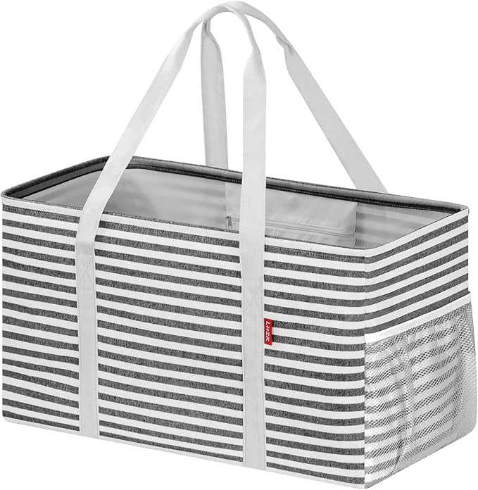LHZK Standing Extra Large Utility Tote Bag with Metal Wire Frame and the Sides Rinforced, Extra Large Tote Bag with Handle, Reusable Grocery Bags Foldable, Beach Bag, Car Tote, Black | Metal Wire Frame by LHZK