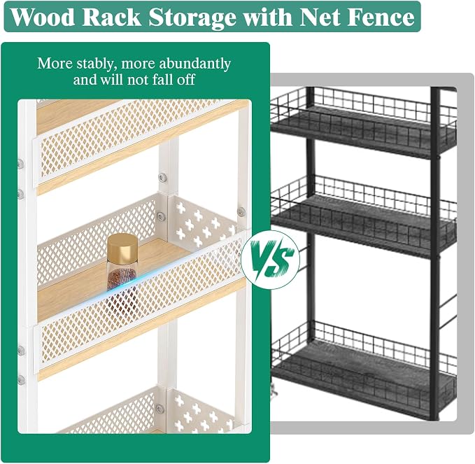 4-Tier Rolling Slim Storage Cart Kitchen Bathroom Laundry Organizer | 5.9"wide, wood rack tier, with 3 hooks, carbon steel, suitable for compact spaces, 360° swivel wheels with brakes, white - Image 4