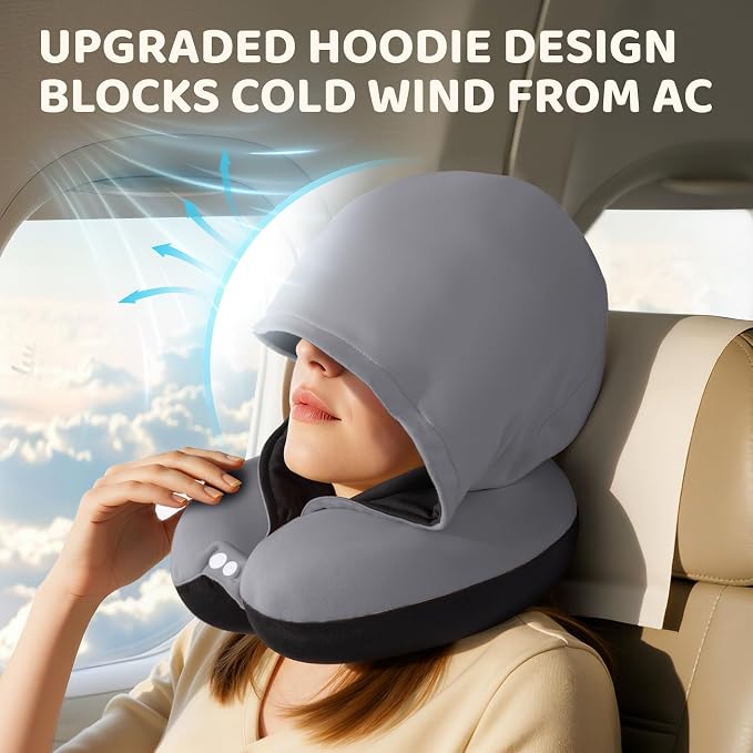Mewaii Travel Neck Pillow, Airplane Pillow with Hood, Memory Foam, Gray | Neck Support, Reversible, Adjustable Strap, Washable Cover, Cat-Ear Hood, Storage Bag, for Flights, Adults & Teens - Image 4