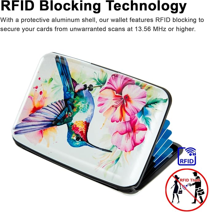 Credit Card Holder, Metal Card Wallet RFID Blocking Mini Slim Aluminum Business Hard Card Case for Women Men (Flowers Hummingbird) - Image 4