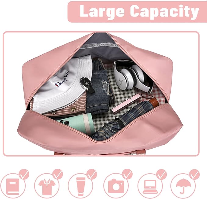 Duffel Bags for Traveling Women Sports Gym Tote Bag Water Resistant Travel Carry on Duffel Bag Weekend Overnight Bag (Pink) - Image 4