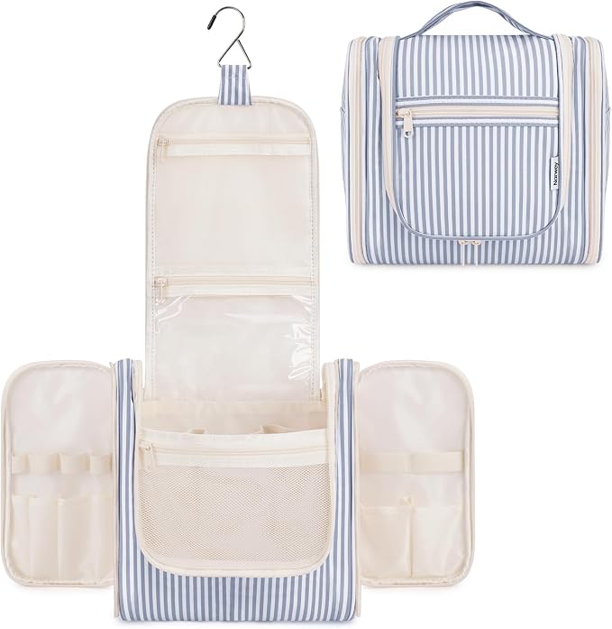 Narwey Striped Hanging Travel Toiletry Bag for Women, Travel Bag for Toiletries, Makeup Bag Organizer Cosmetic Bags Make Up Bags for Women (Greyish Blue Stripe) by Narwey