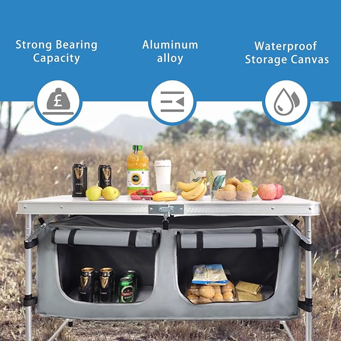 Folding Camping Table with Storage, Adjustable Height | Lightweight aluminum folding table with storage compartment for camping, tailgating, picnics, BBQs and backyard use - Image 9