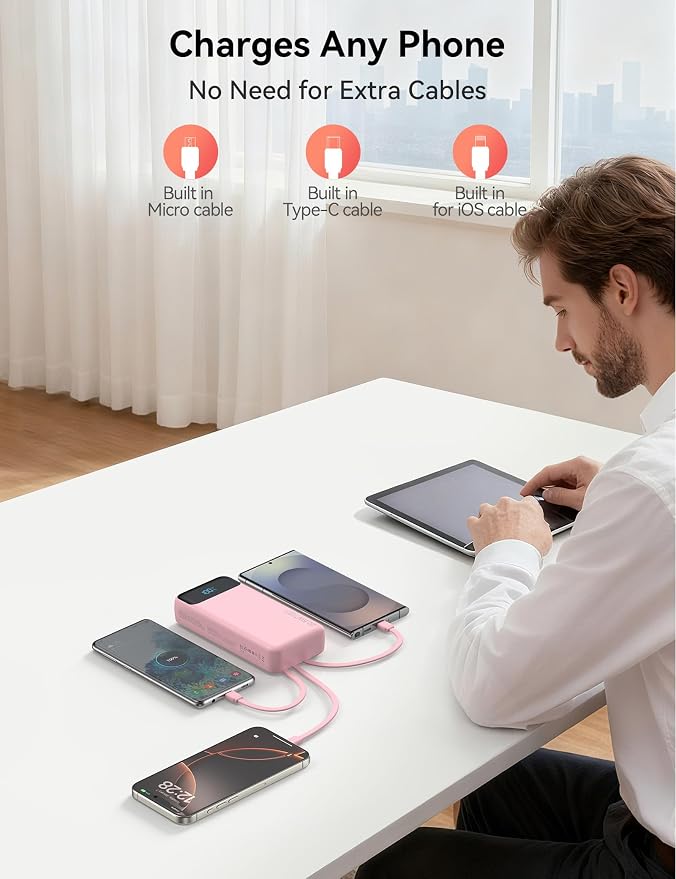 Nusyddy Portable Charger 20000mAh 22.5W w/4 Built-in Cables/6 Outputs Pink | 22.5W Fast Charging, LED Display, Pass Through Charging, Charge 6 Devices at once, TSA Approved, Fits iPhone, iPad, Samsung - Image 7