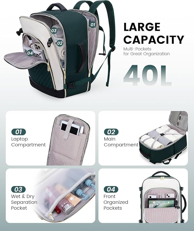 LOVEVOOK Large Travel Backpack for Women, TSA Carry on Backpack for Airplanes, 40L Personal Item Travel Bag for Women fits 17" Laptop,Waterproof Carry on Bag Airplane Approved with 3 Packing Cubes - Image 5