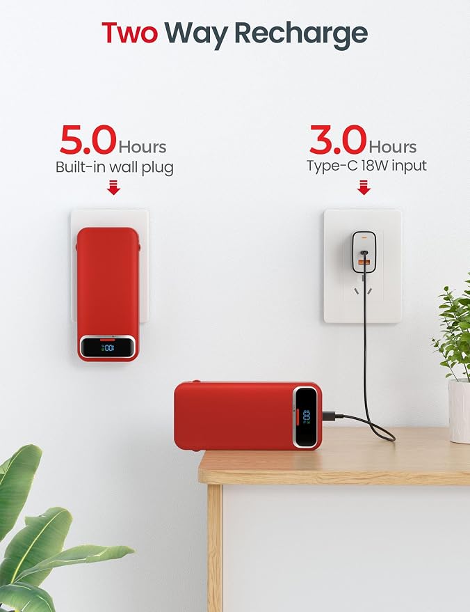 aonidi Portable Charger 12000mAh with Built-in Cables&AC Wall Plug, Red | PD20W USB C Fast Charging,LED Display External Travel Power Bank,TSA approved Battery Pack for All iPhone,Samsung,Android - Image 7