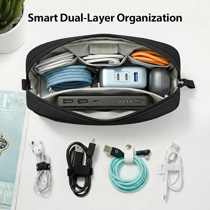 Anti-Tangle Cable Organizer Bag for 3ft+ Cords, Black | Water-resistant Oxford fabric case with 8 compartments and padded lining. Includes 8 cable ties for travel. - Image 3