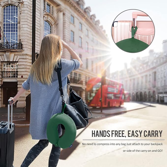 Neck Pillow for Travel Memory Foam - Travel Pillows for Sleeping Airplane with Attachable Snap Strap Soft Washable Cover, Flight Pillow for Traveling, Car, Provide Head Neck Support Dark Green - Image 2